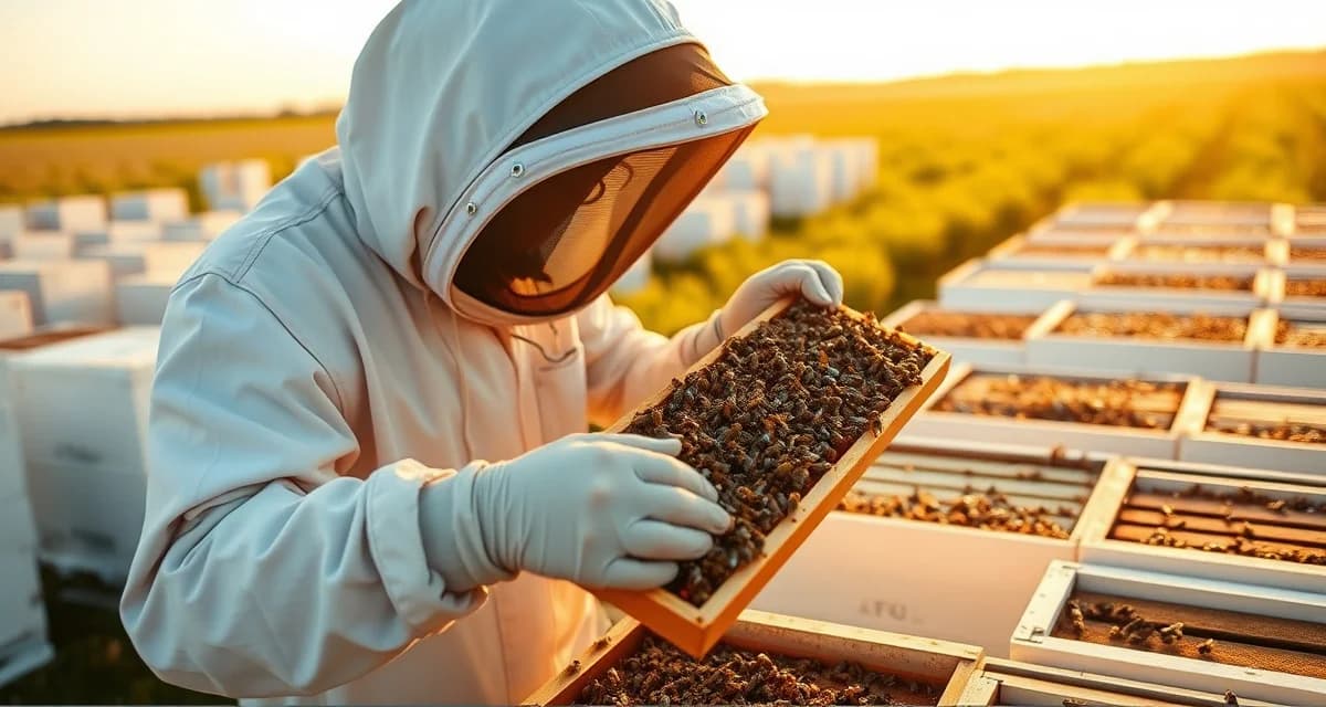 Professional beekeeper evaluating pollination rates Commercial beekeeper inspecting honeybee frame during pollination service assessment for crop pricing