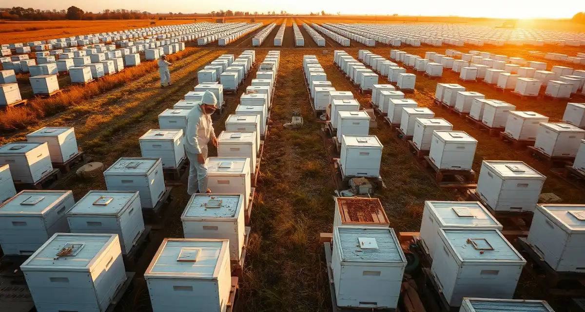 PollenOps Starter Plan for commercial bee logistics Commercial pollination operation with organized beehive rows managed by PollenOps software for 500-hive beekeeping businesses.