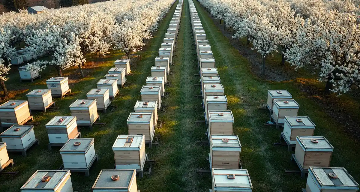 Commercial pollination operations in Washington State Commercial beehives positioned in Washington apple orchard during peak spring pollination season for tree fruit crops