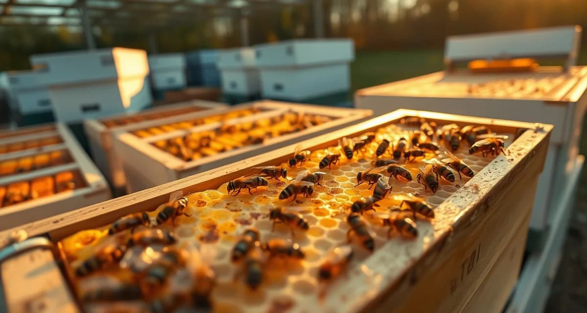 Queen cell development in commercial beekeeping operation Commercial queen rearing operation displaying multiple nucleus colonies and developing queen cells on frames in a professional apiary setup.