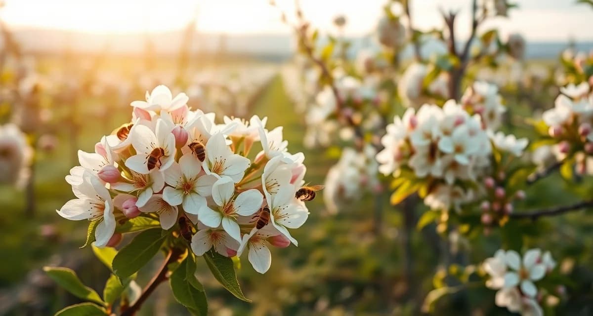 Apple orchard pollination setup in Connecticut Honeybee colonies positioned in Connecticut apple orchard during spring bloom, showing commercial pollination placement strategy