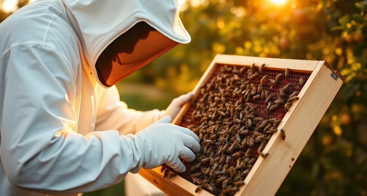 Connecticut apiary inspection and pollination management Commercial beekeeper inspecting honeycomb frame in Connecticut apiary with healthy bee colony and apple orchard visible in background.