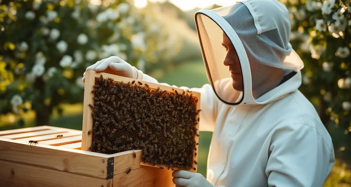 Connecticut commercial apiary inspection and hive management Commercial beekeeper inspecting honeybee hive frame in Connecticut apple orchard for pollination services and regulatory compliance.
