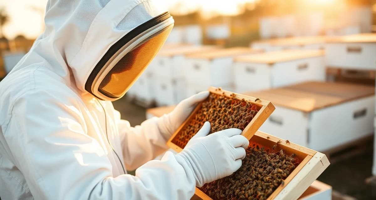 Professional beekeeping operation inspection Beekeeper examining honeycomb frames in professional apiary operation with multiple hives visible in background