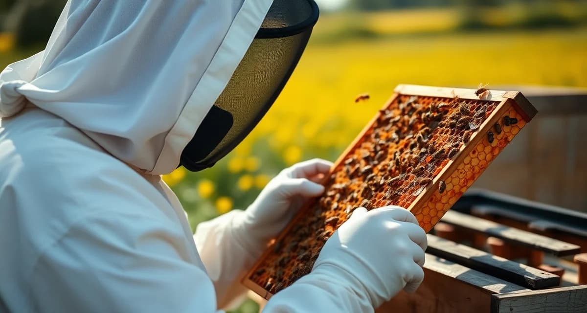 Insurance protection for professional beekeepers Contract beekeeper inspecting honeybee frame during commercial pollination operation with proper protective equipment
