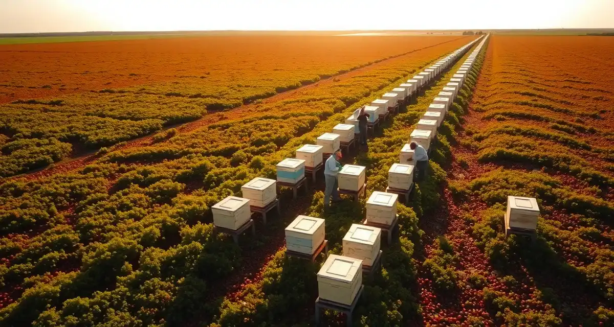 Strategic hive placement in cranberry pollination operations Honeybee hives positioned at cranberry bog for commercial pollination management and crop optimization