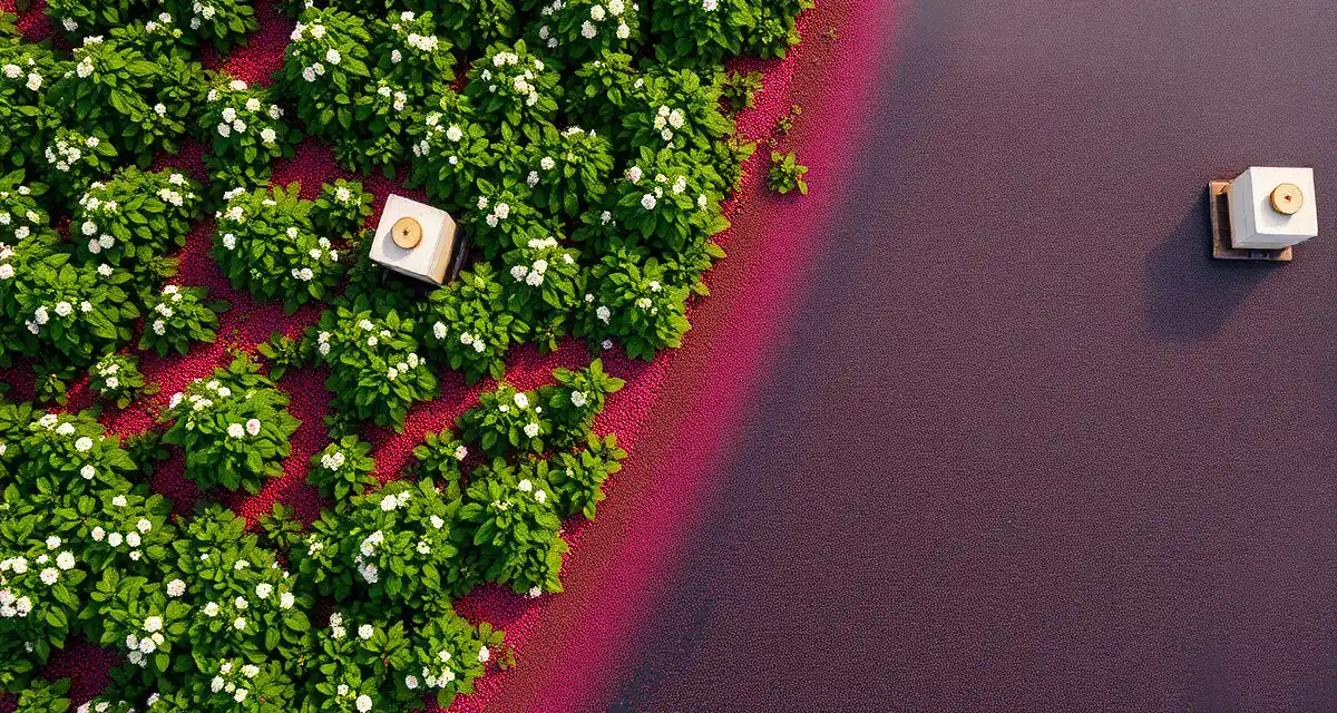 Commercial bee hives for cranberry pollination operations Honeybee hives positioned at the edge of a blooming cranberry bog during peak pollination season in late June