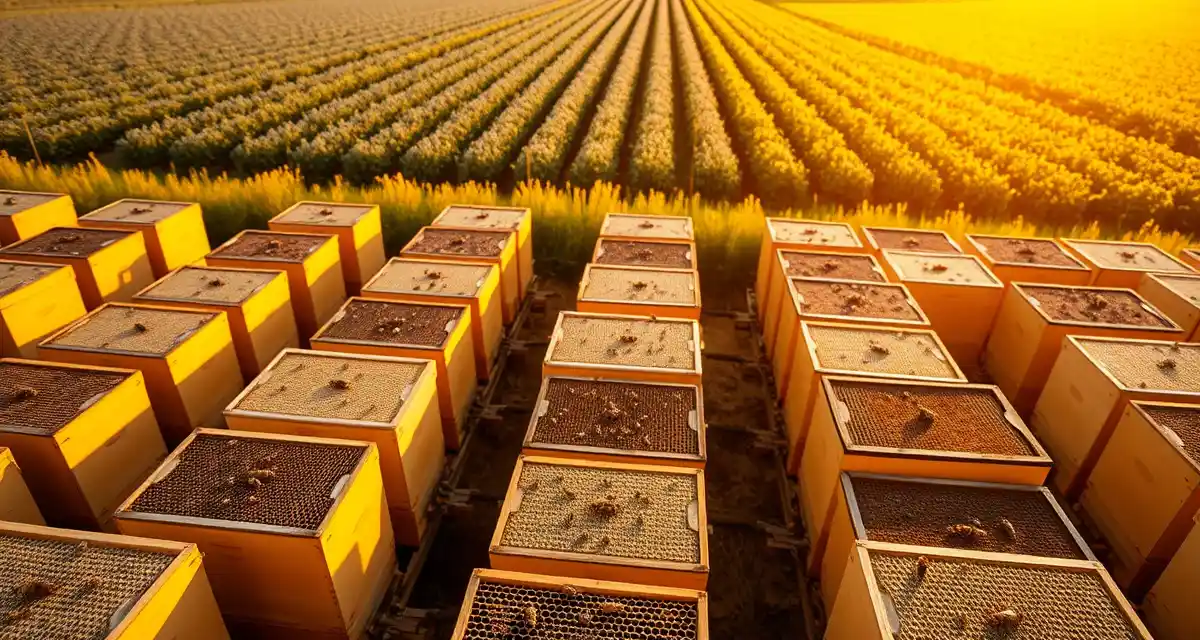 Multi-crop pollination hive placement strategy Organized bee hives positioned for crop-specific pollination contracts across almond, blueberry, and canola farms