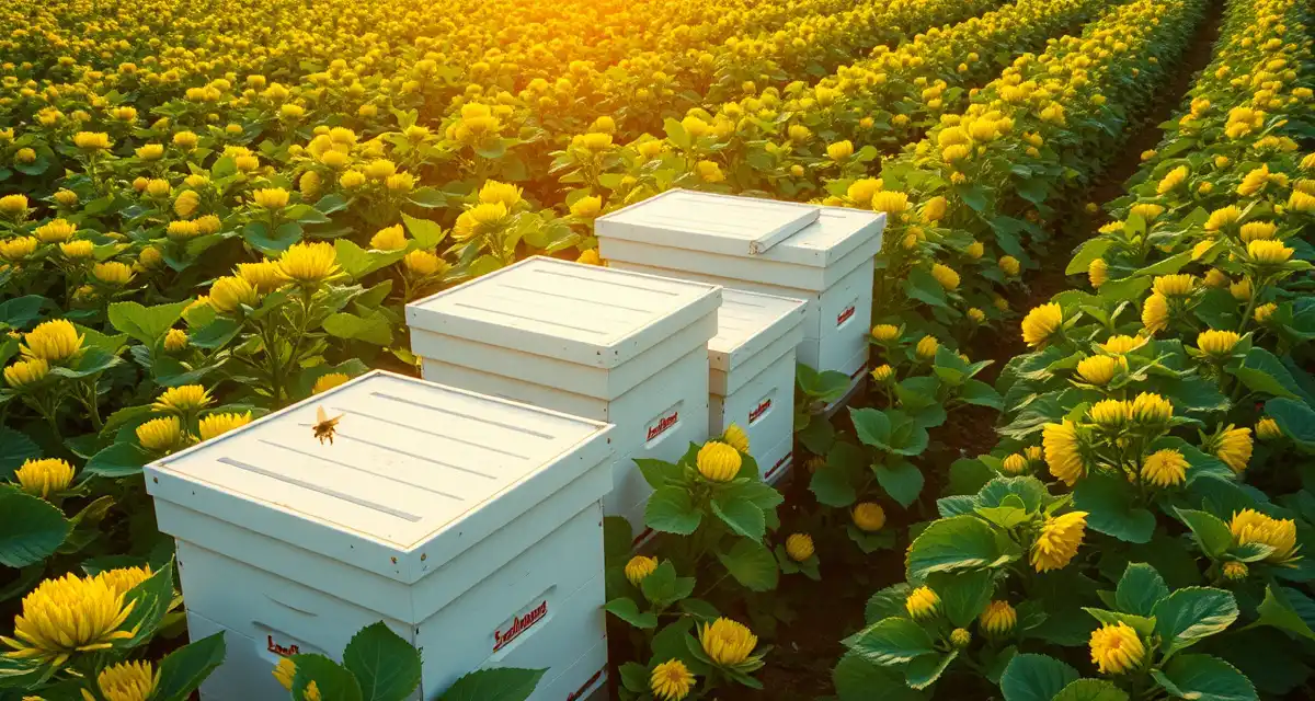 Optimal hive positioning for cucumber seed production Honeybee hives strategically placed in cucumber field during flowering season for commercial pollination operations