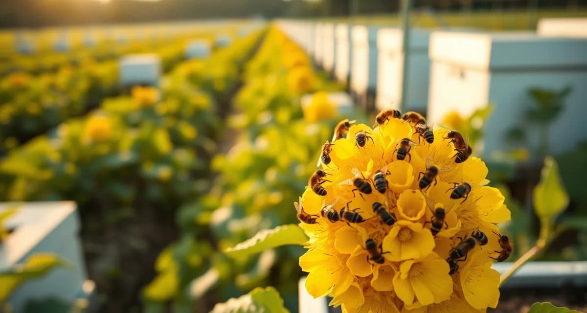Commercial bee pollination on squash and cucumber crops Honeybees pollinating yellow squash blossoms on commercial farm during summer pollination season with hive boxes in background