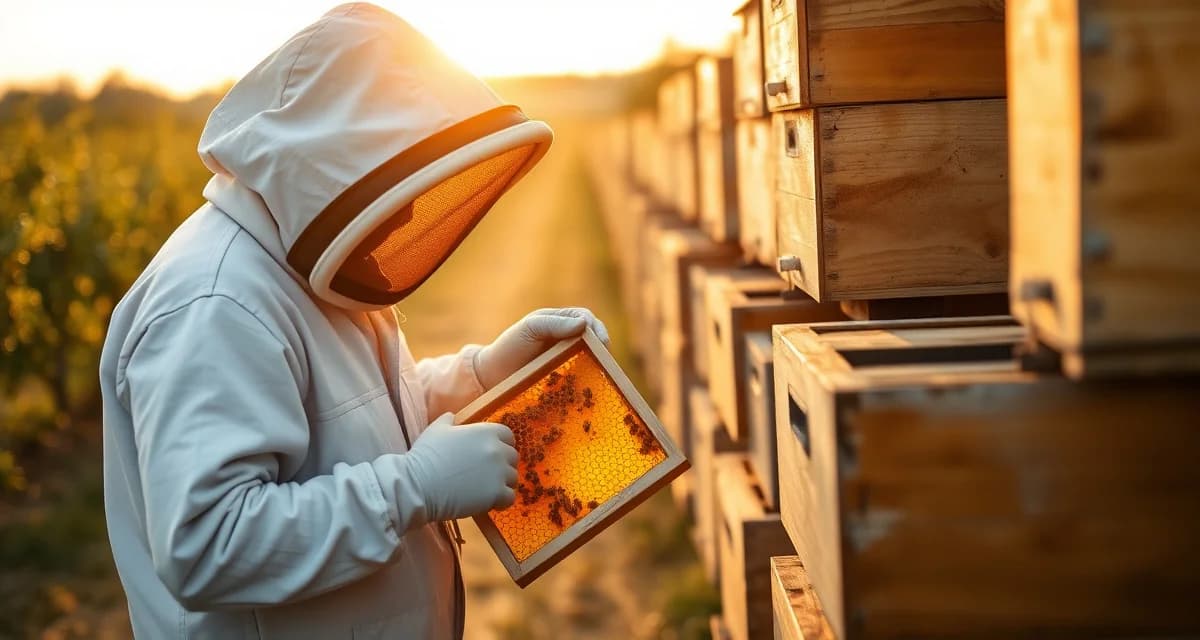 Delaware-based commercial pollination logistics for apple orchards Commercial beekeeper managing honeybee hives for apple pollination operations in Delaware with regional orchards nearby.