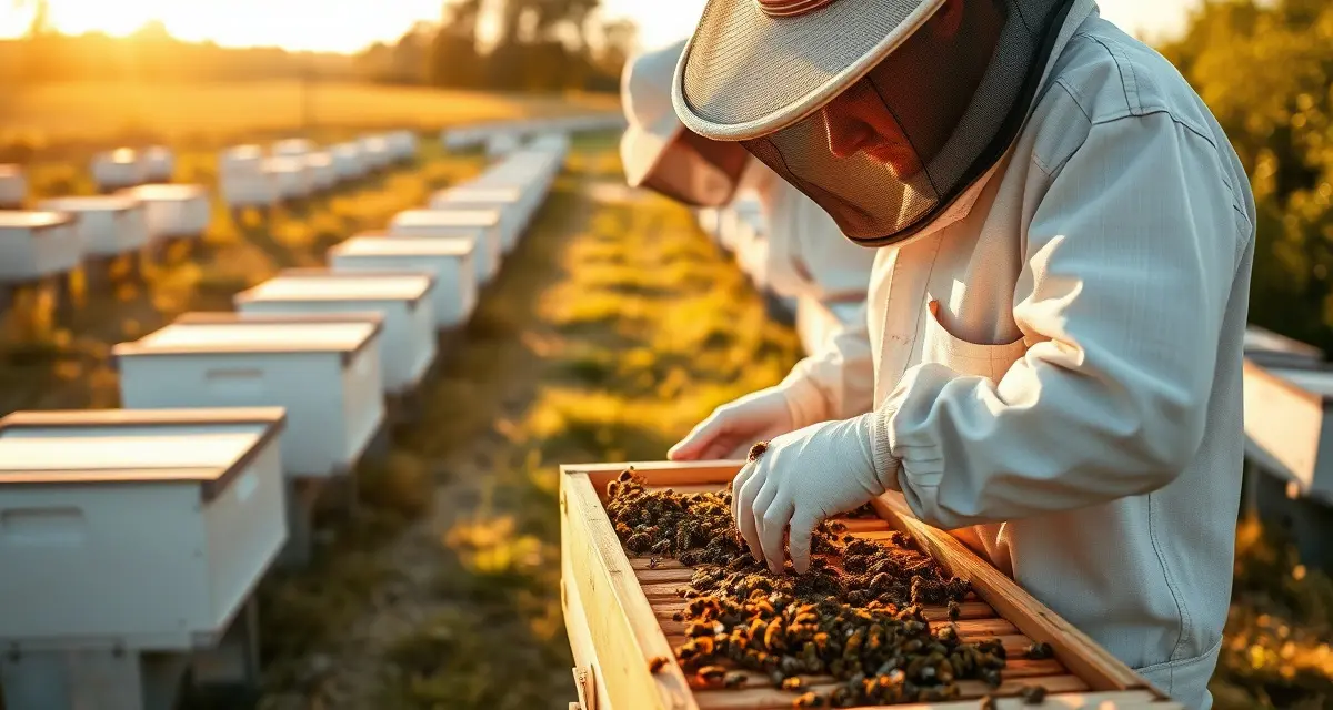 Commercial beekeeping apiary inspection in Delaware Delaware beekeeper inspecting honey bee colony frame during commercial apiary registration and pollination operations management