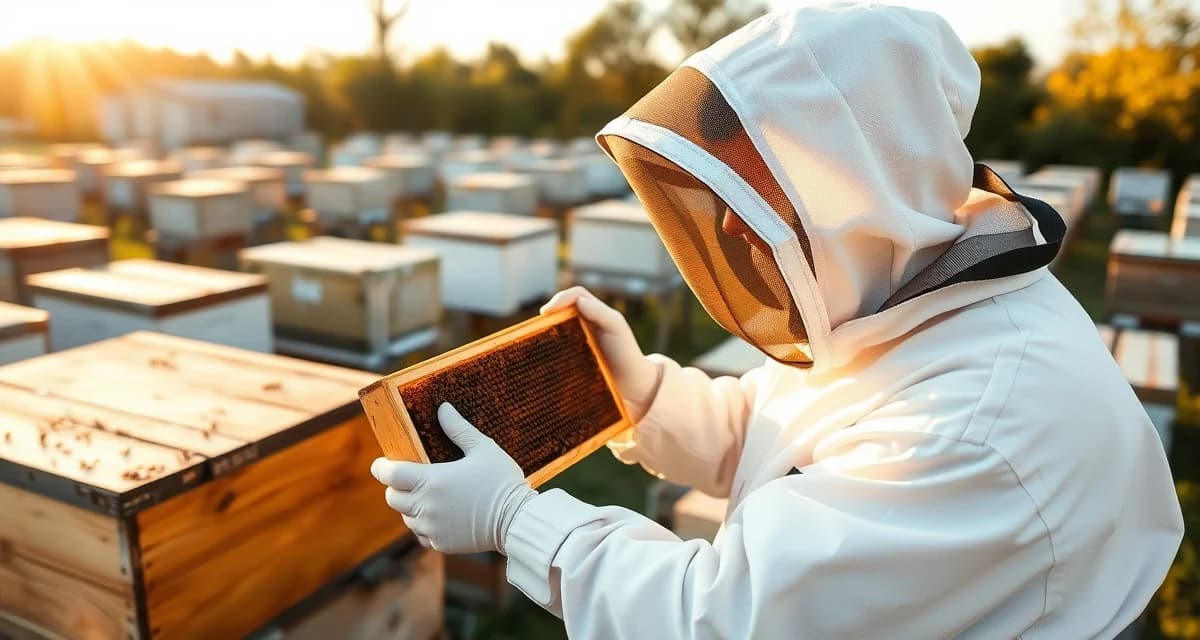 Delaware apiary registration and commercial pollination compliance Commercial beekeeper inspecting honeycomb frame in Delaware apiary operation with multiple hives visible in regulated setup.