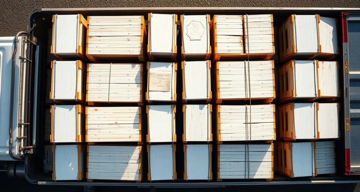 Commercial hive stacking for transport Double-stacked hive pallets secured on commercial flatbed truck for beehive transport logistics