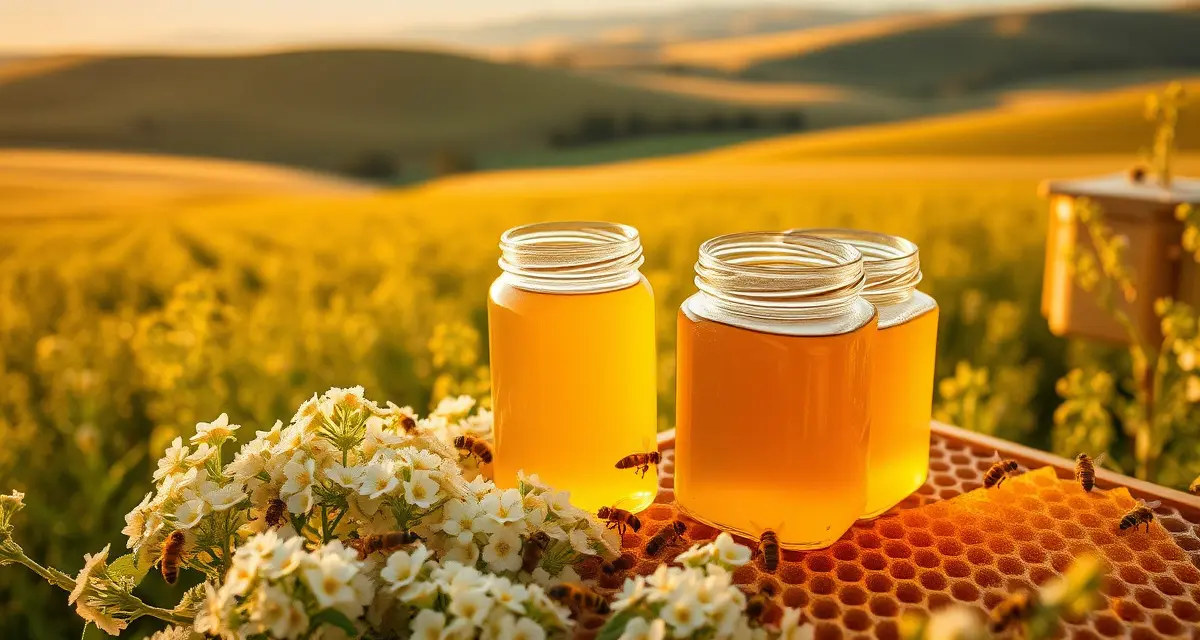 Premium sweet clover honey production setup Golden sweet clover honey in jars with fresh clover blossoms and honeybees on frames in Eastern Washington apiary.