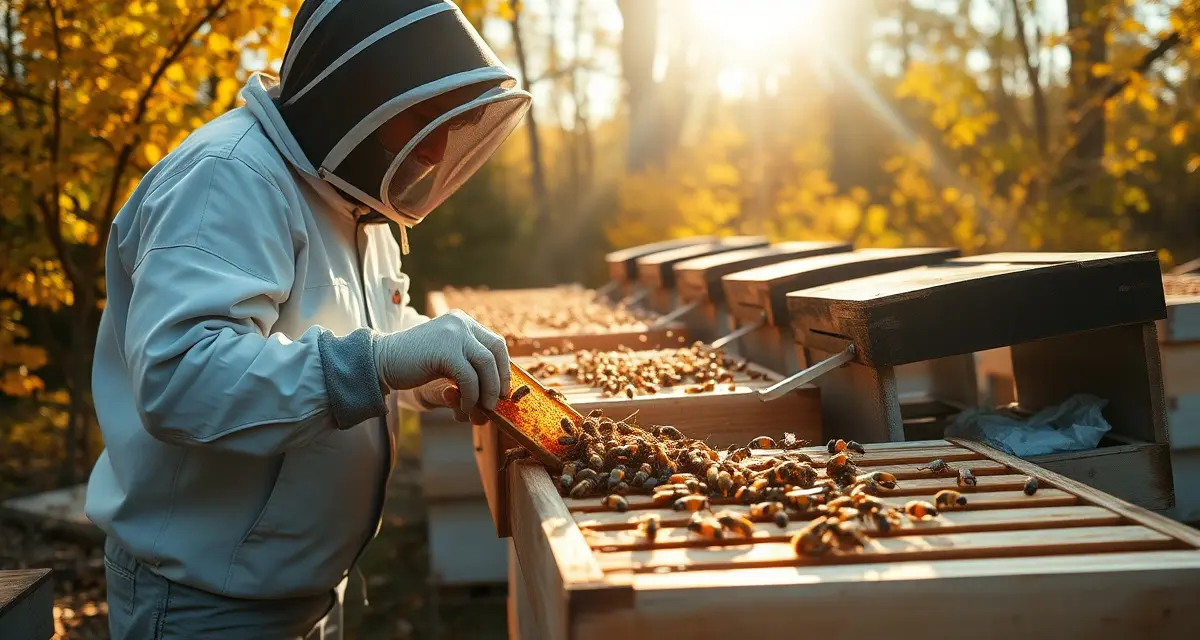Hive recovery and fall honey production planning Beekeeper inspecting honeycomb frames during fall honey production recovery after pollination season