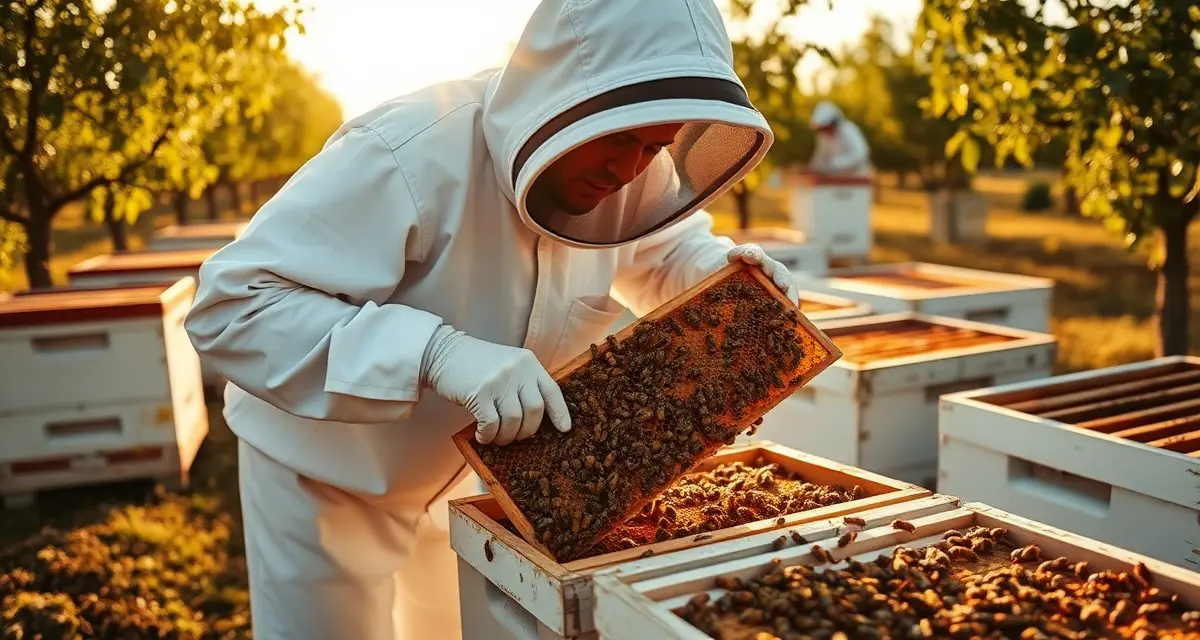 New beekeeper examining productive hive for commercial pollination operations Commercial beekeeper inspecting honeycomb frames from thriving bee colonies used in first-season pollination contracts