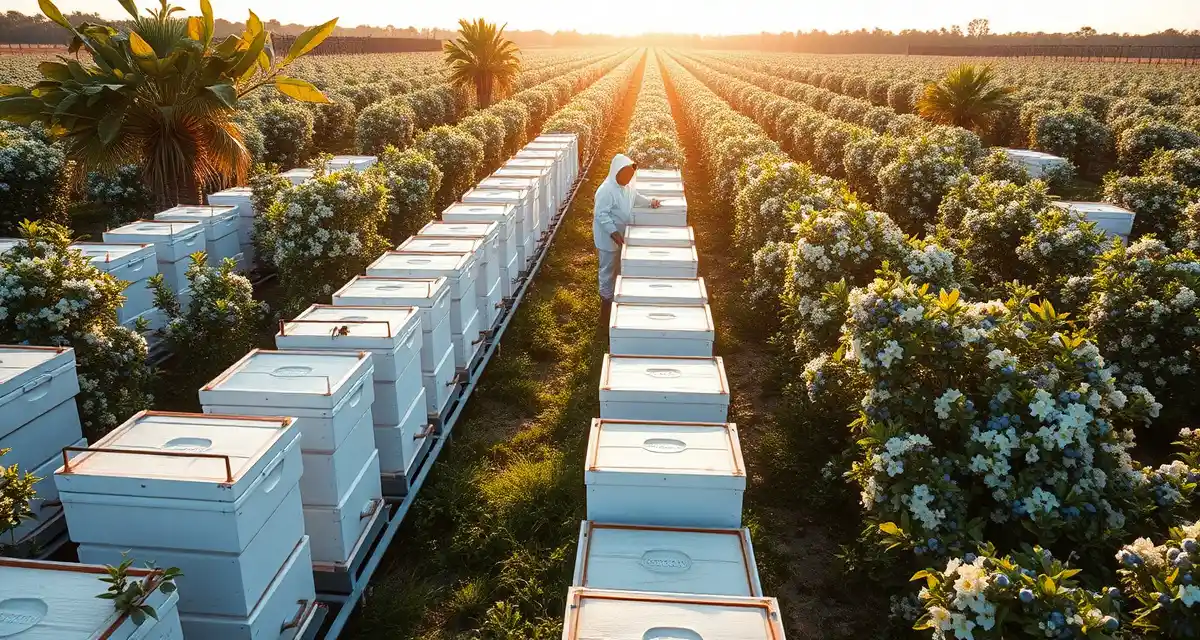 Florida blueberry pollination hive placement strategy Commercial beehives positioned in Florida blueberry fields during early season pollination operations in February, showcasing migratory beekeeping logistics.