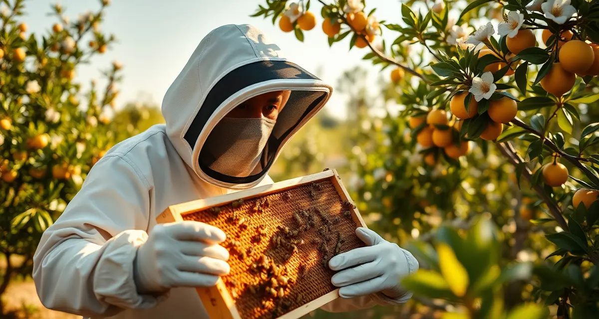 Florida citrus pollination compliance and colony inspection Commercial beekeeper inspecting honeybee colony in Florida citrus orchard following state pollination regulations and inspection requirements