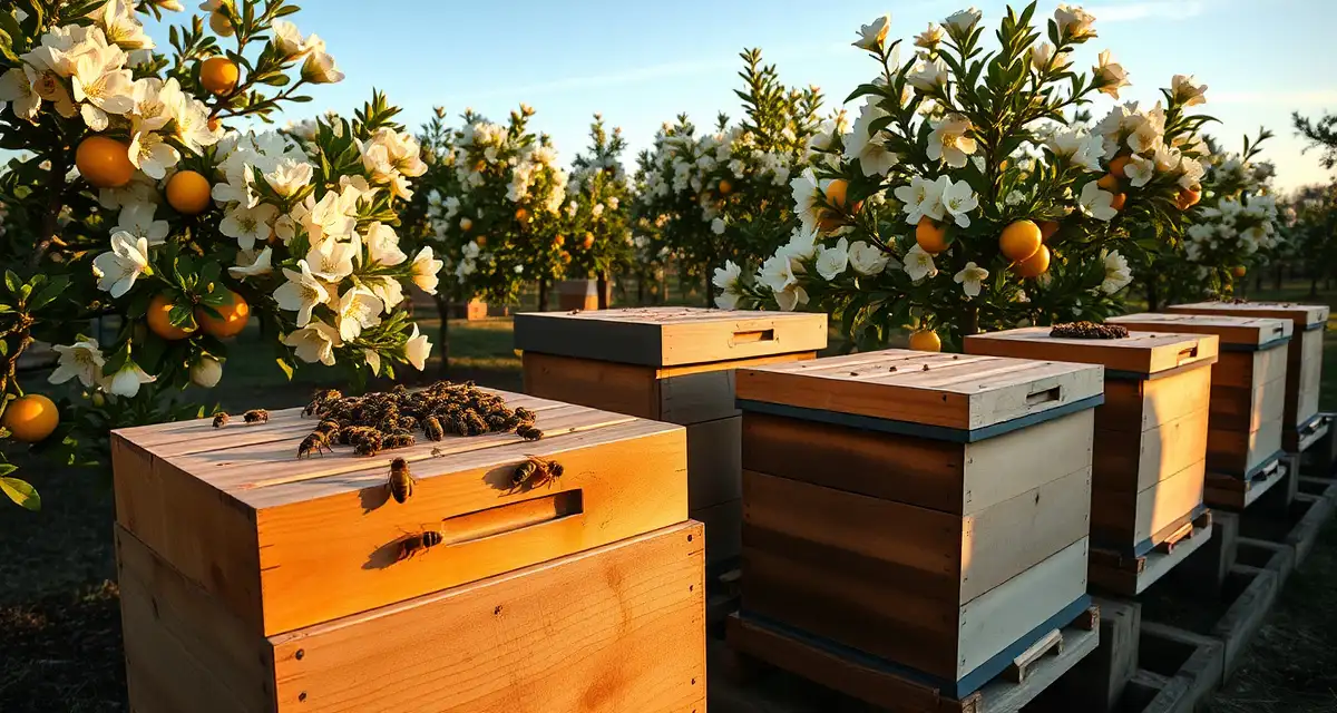 Commercial beekeeping hives in citrus pollination yard Honeybee colonies positioned in Florida citrus grove during blooming season for commercial pollination operations