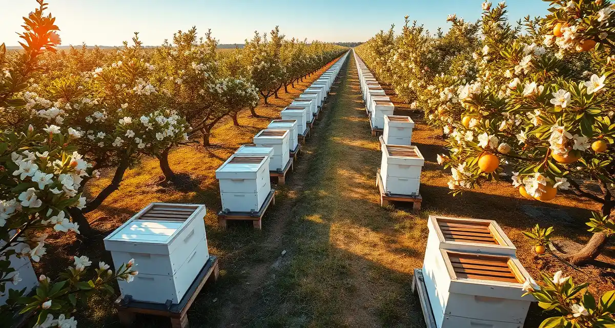 Commercial bee pollination setup in Florida citrus operations Managed honey bee colonies positioned in Florida citrus grove during winter bloom pollination season with white hives among flowering trees