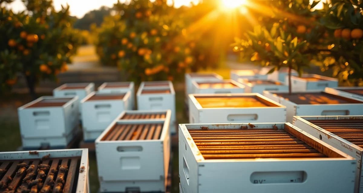 Florida commercial beekeeping in citrus pollination Commercial beehives positioned in Florida citrus grove for pollination operations during warm season with blooming trees