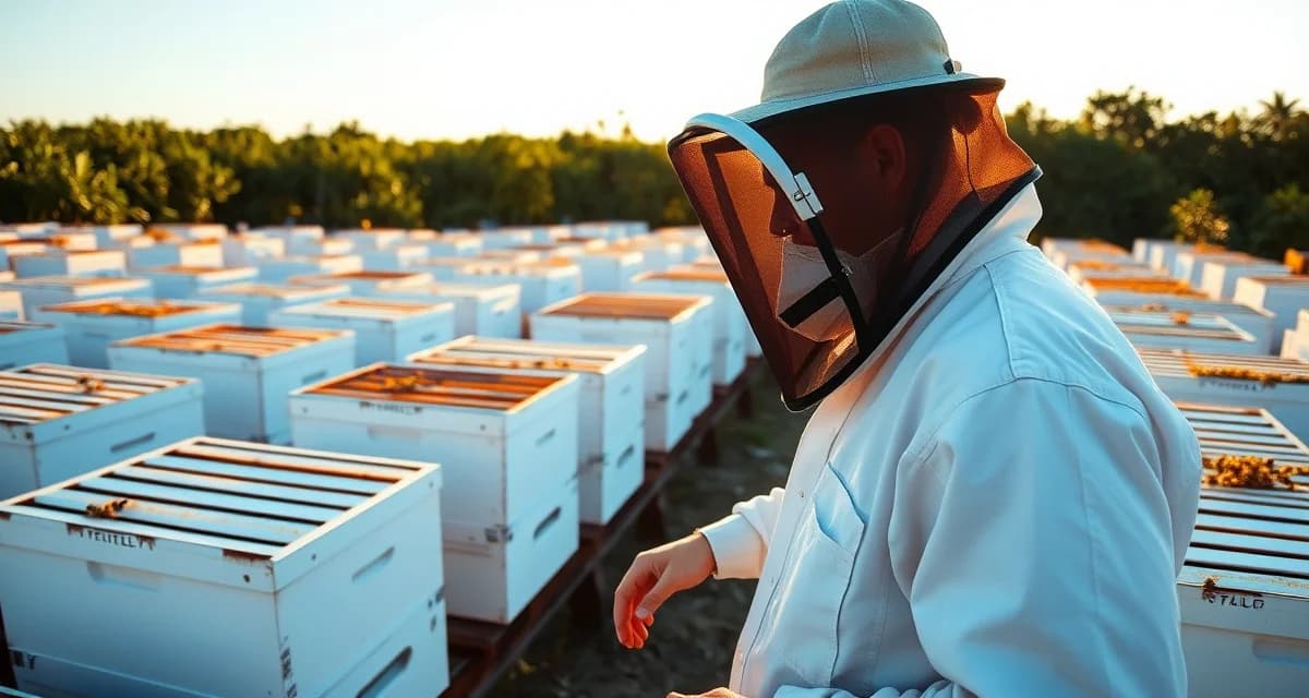 Florida commercial apiary inspection and hive management Commercial beekeeper inspecting hive boxes in Florida apiary following state regulations for beekeeping operations