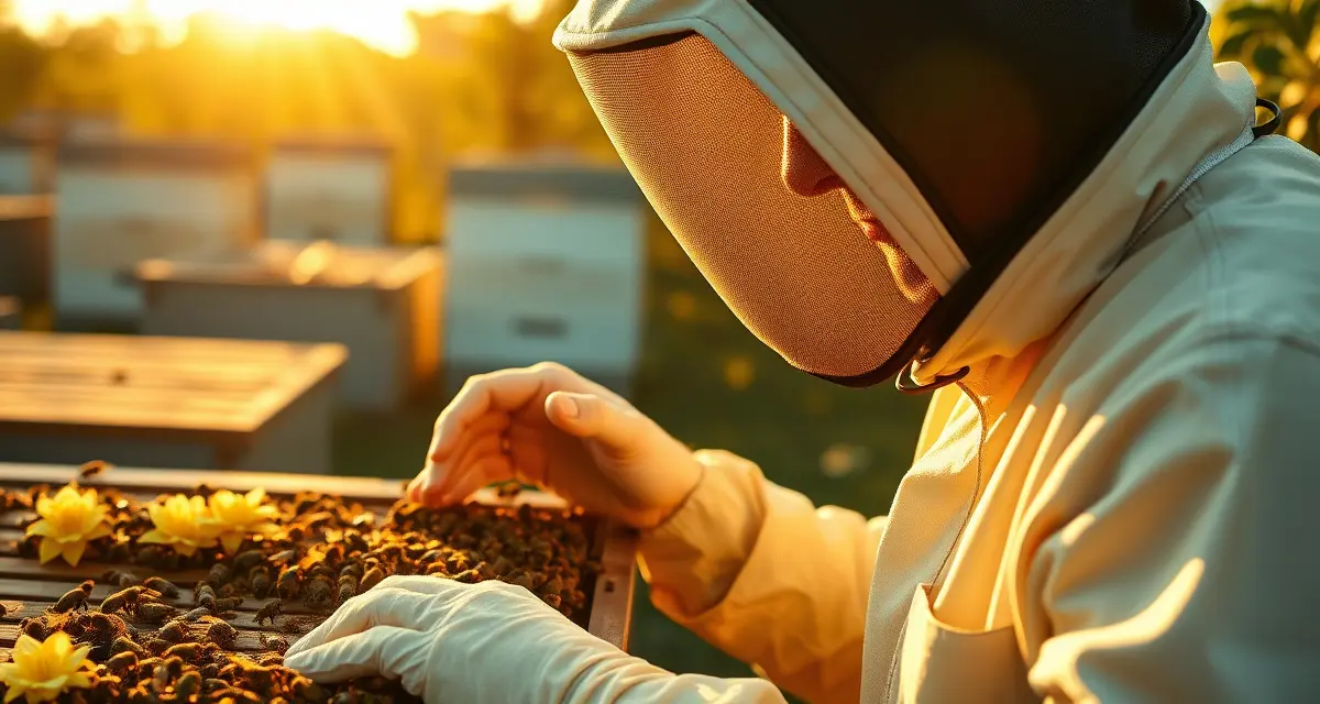 Florida citrus pollination operations in early season Commercial beekeeper inspecting honey bee colony during Florida early season pollination on citrus farm with blooming flowers
