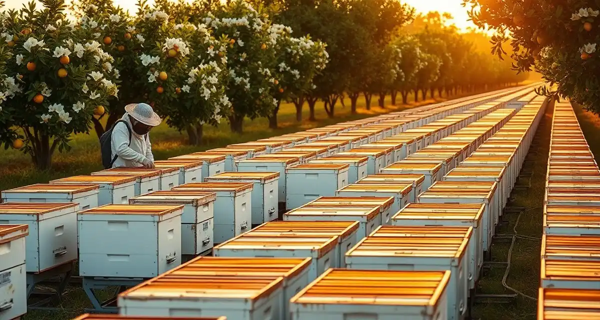 Florida pollination service hive staging and logistics Commercial beehives in Florida citrus grove for spring pollination operations and bee logistics management