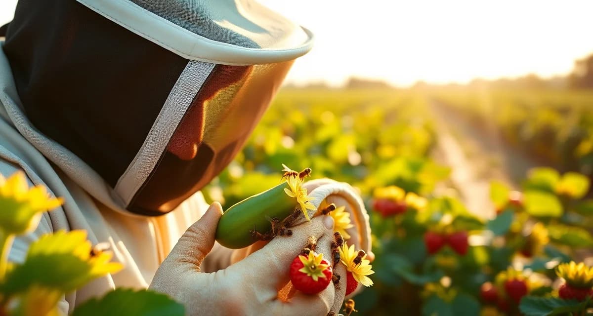 Professional pollination services for Florida winter vegetables Commercial beekeeper managing honey bee colonies for Florida winter vegetable pollination operations on cucumber and strawberry crops