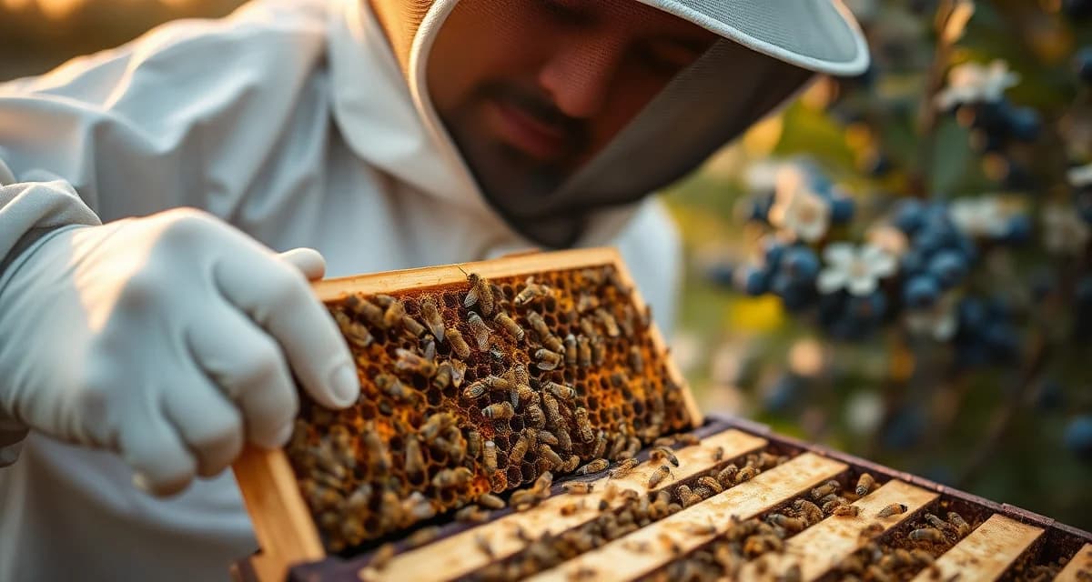 Spring bee hive management for Georgia blueberry crops Commercial beekeeper managing honeybee colonies for blueberry pollination on a Georgia farm during spring season