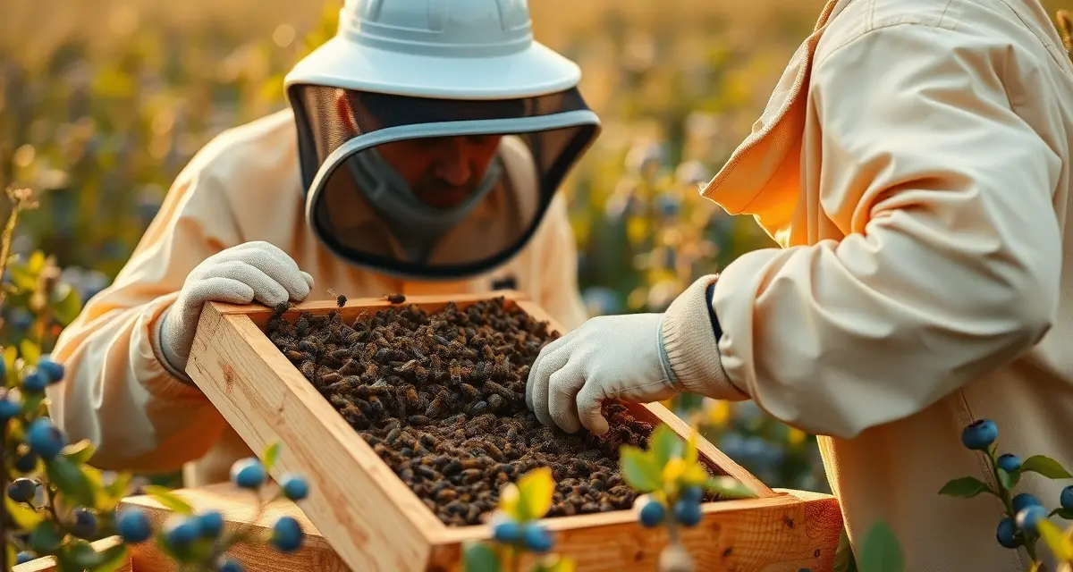 Georgia blueberry apiary registration and inspection Commercial beekeeper inspecting honeybee hive in Georgia blueberry orchard with regulatory compliance requirements.