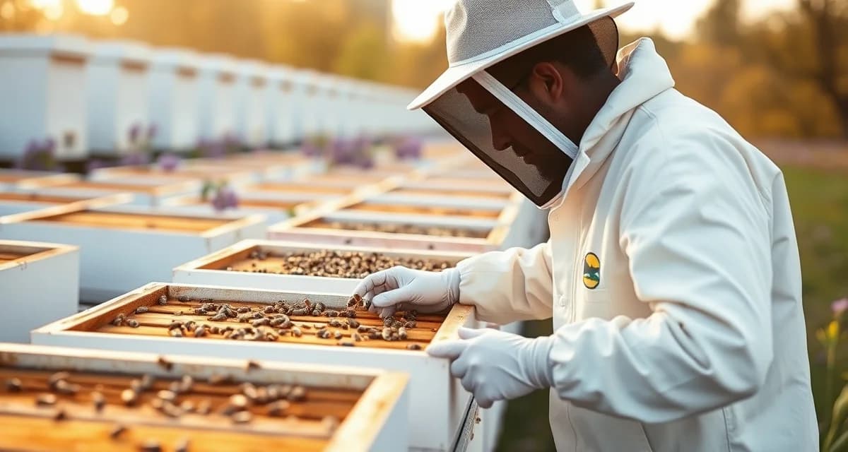 Georgia Blueberry Pollination Management Commercial beekeeper managing honeybee colonies on Georgia blueberry farm during spring pollination season with organized hive boxes