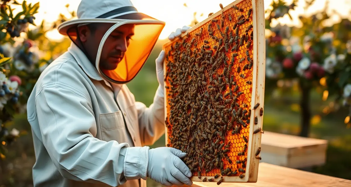 Georgia Commercial Beekeeping Operations Commercial beekeeper inspecting honeycomb frame with Georgia blueberry and peach orchards in background during spring pollination season.
