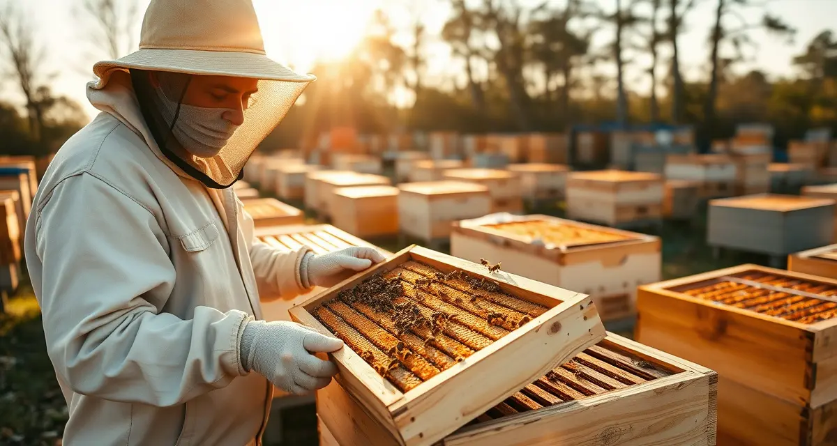 Georgia apiary compliance and hive inspection practices Commercial beekeeper inspecting honeycomb frame in Georgia apiary following state registration and movement requirements for beekeeping operations