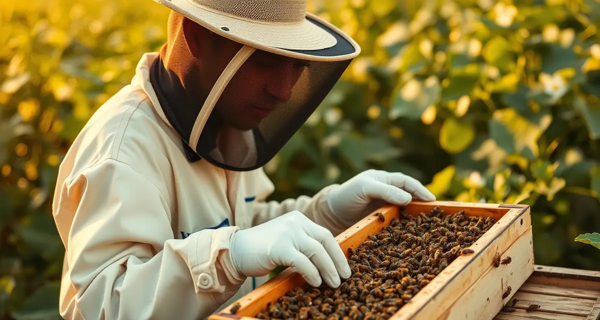Bee colony placement for Georgia cucumber pollination Commercial beekeeper inspecting honey bee colony positioned on Georgia cucumber farm for pollination services during summer growing season