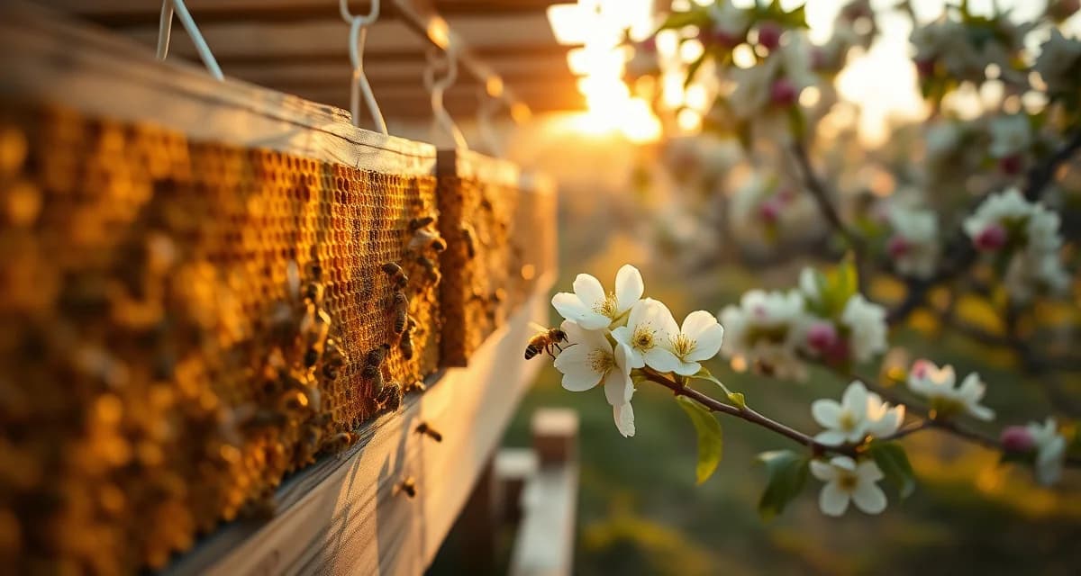 Managed bee hives for peach pollination in Georgia orchards Commercial honeybee colonies positioned in Georgia peach orchard for pollination services and contract work.