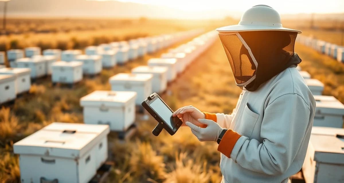 GPS technology for migratory beekeeping yard management Beekeeper using GPS tracking device in remote bee yard without cell coverage for commercial pollination operations