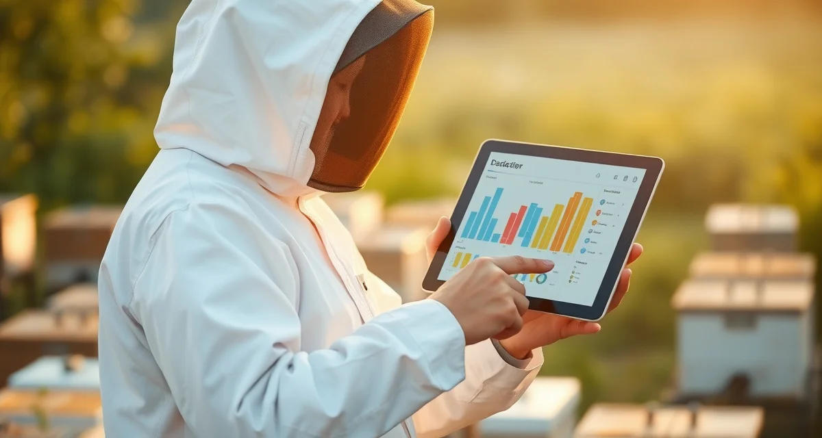 Digital communication platform for commercial pollination operations Commercial beekeeper using digital grower communication tools to monitor hive status and contract management on tablet device.