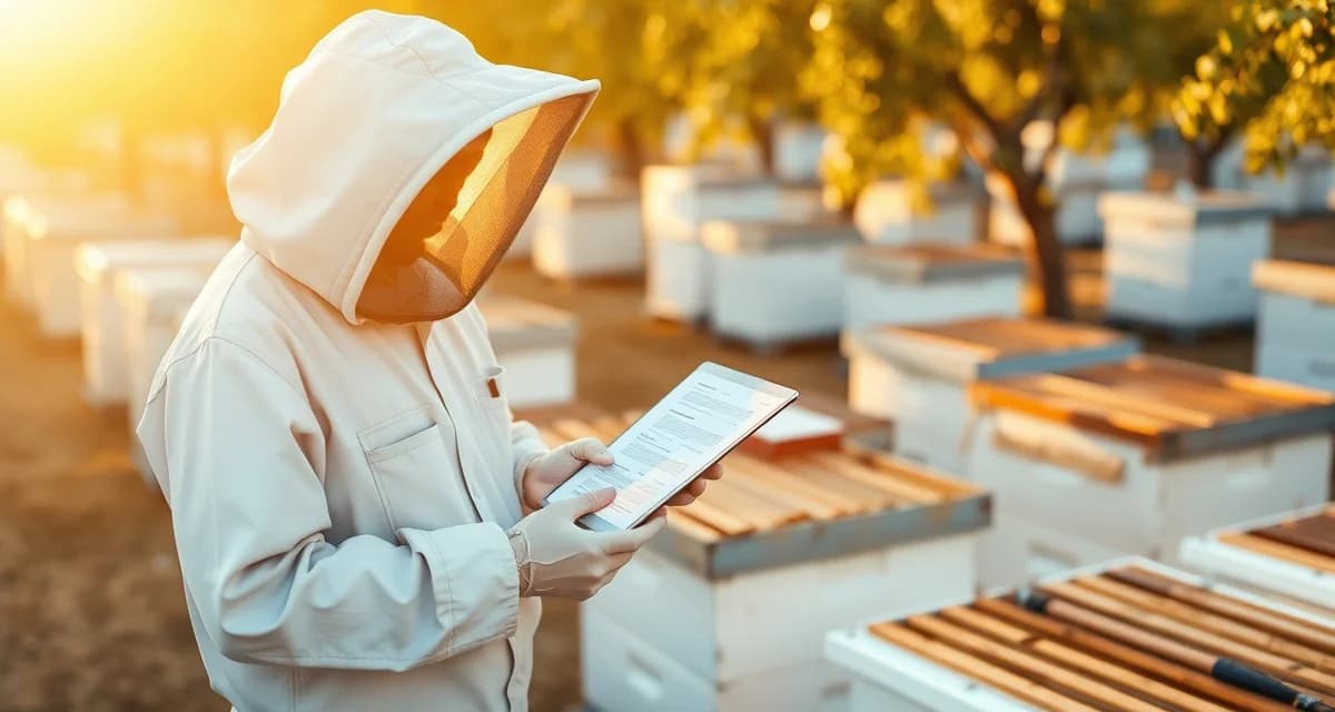 Professional contract management in commercial pollination Beekeeper managing grower contract tracking documents and colony records for commercial pollination operations