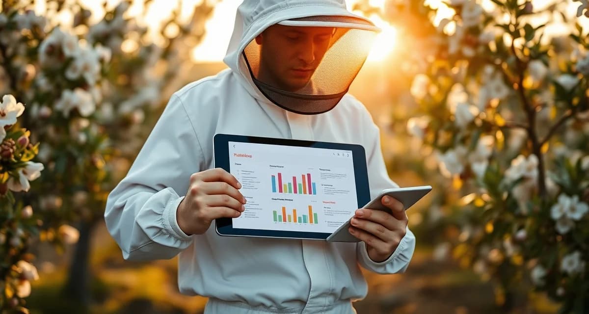 Digital pollination delivery documentation system Beekeeper reviewing automated pollination report on tablet in orchard with blooming crops