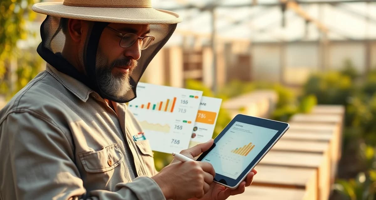 Digital transparency in commercial pollination operations Grower using PollenOps portal to view hive data and pollination logistics on digital device for transparent client communication