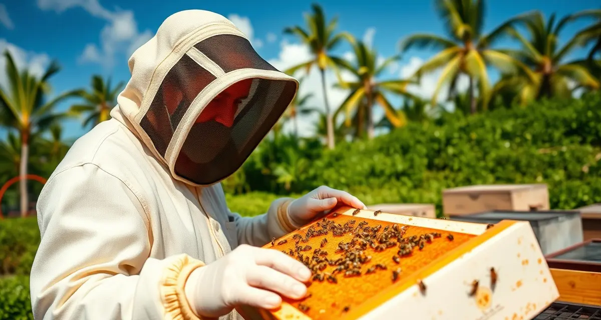Hawaii commercial apiary inspection Beekeeper inspecting honeycomb frame in a Hawaii commercial apiary with tropical vegetation visible in background