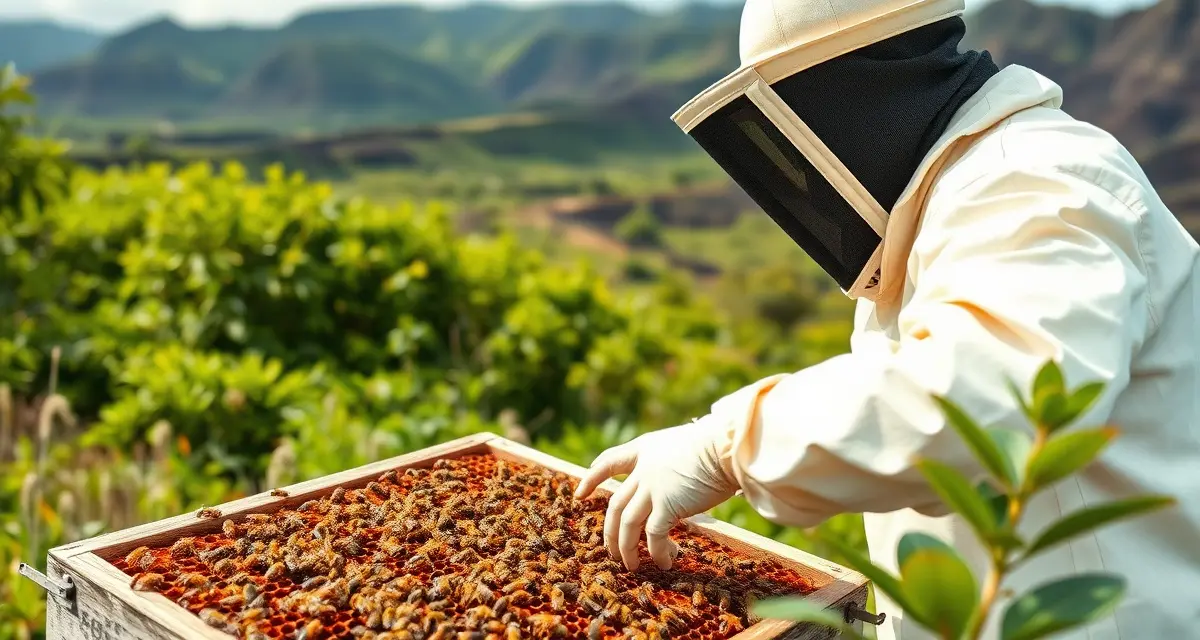 Hawaii Commercial Beekeeping Operations & Apiary Regulations Commercial beekeeper inspecting honey bee colony in Hawaii with varroa-free apiary regulations compliance