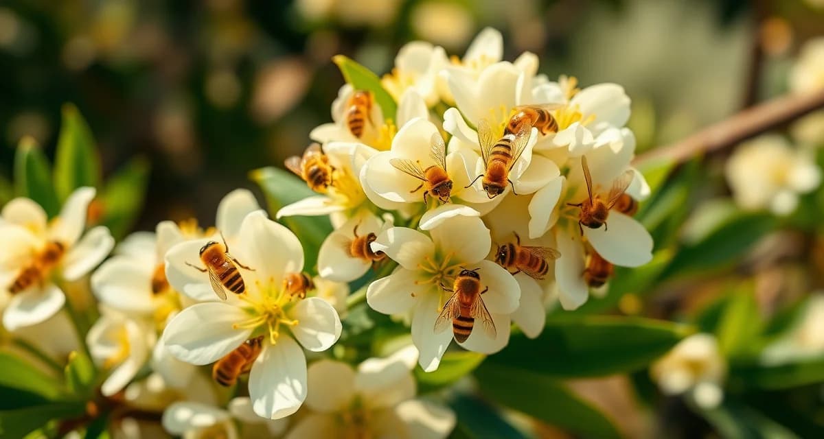 Professional pollination services for Hawaii macadamia nut crops Honeybees pollinating macadamia nut flowers in Hawaii commercial orchard with warm natural lighting