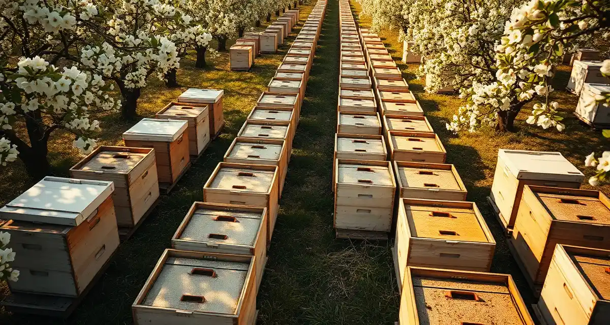Hive placement strategy for crop pollination Commercial honeybee hives positioned in almond orchard showing pollination setup for crop production and bee logistics management.