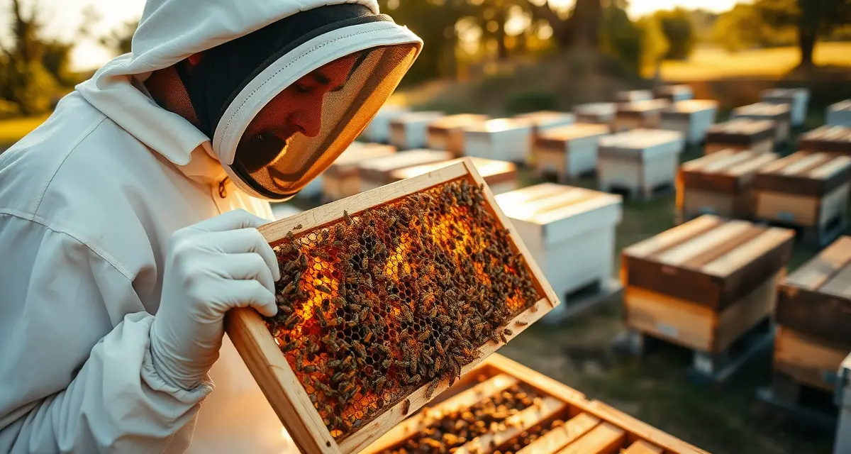 Professional hive inspection for disease and health monitoring Commercial beekeeper inspecting honeybee colony frame for hive health indicators in large-scale apiary operation