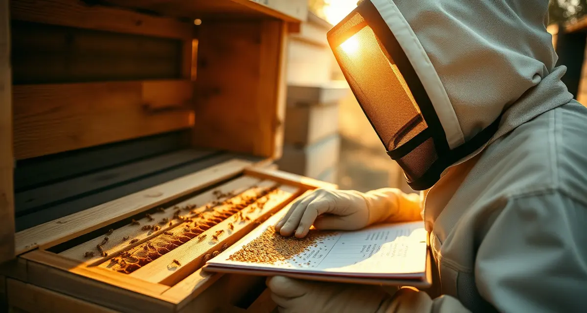 Professional hive inspection and loss documentation Beekeeper documenting hive loss during pollination contract inspection with detailed record-keeping clipboard