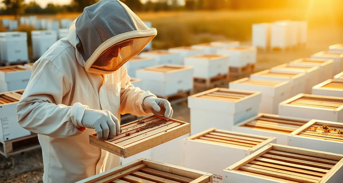 Hive inspection for mortality data collection Commercial beekeeper inspecting hive frames for mortality tracking and health assessment in organized apiary yard