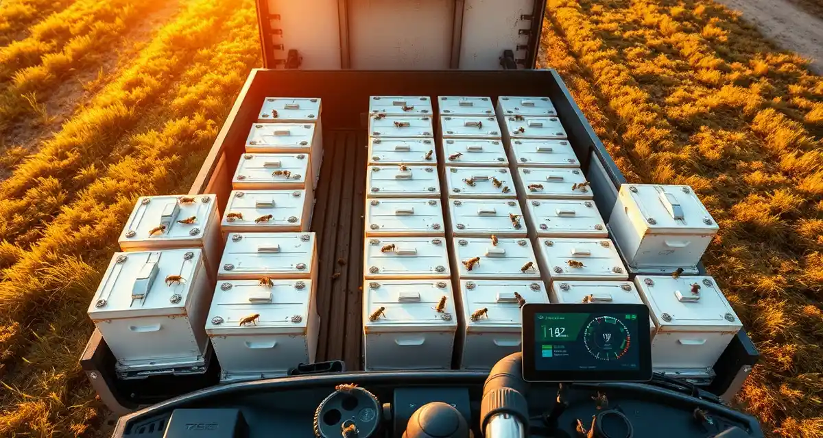 Efficient hive move planning reduces driving costs Commercial beekeeper's flatbed truck loaded with organized white hives for efficient move planning and route optimization.